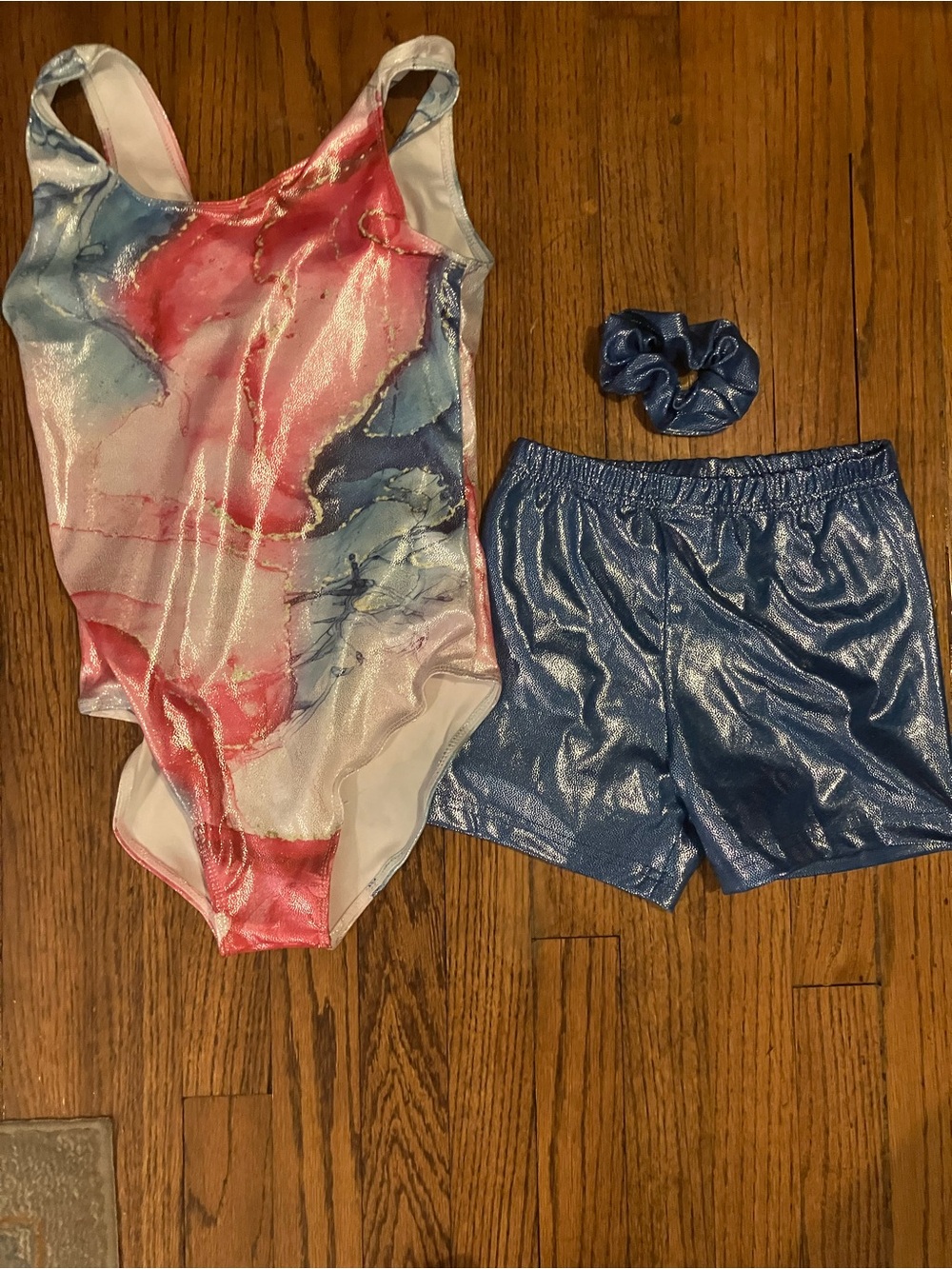 Shimmery Pink & Blue Tie-Dye Leotard with Metallic Blue Shorts and Scrunchie